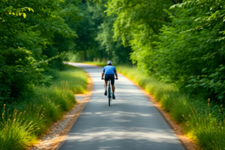 a cyclist riding on a tranquil path surrounded by lush greenery, captured with a Canon EOS R5, 35mm lens, f/2.8 aperture, ISO 100, 1/500 sec shutter speed, natural lighting, shallow depth of field for a soft background blur