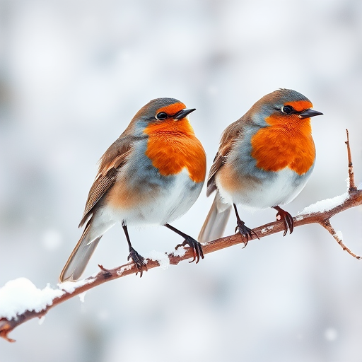 watercolor painting of two robins on a snowy branch, soft focus, ISO 100, f/4.5, 50mm lens, natural light, DSLR camera, enhance colors and details in the snow and birds