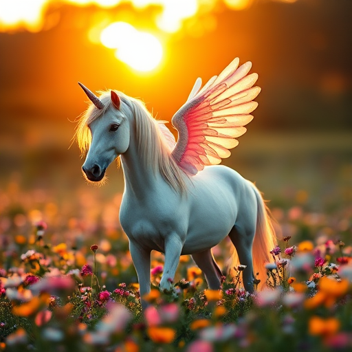 A majestic unicorn with pastel-colored wings standing in a flower-filled meadow during golden hour, DSLR camera with a 50mm lens, aperture f/1.8, ISO 100, soft bokeh effect.