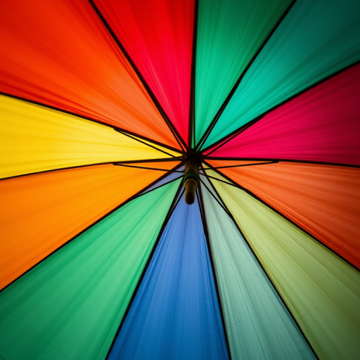 Generate an image of a vibrant rainbow umbrella with a smooth gradient texture and clean lines, captured with a Canon EOS R5 at f/2.8, ISO 100, 1/200s, top-down view, using natural light for enhanced colors and details.