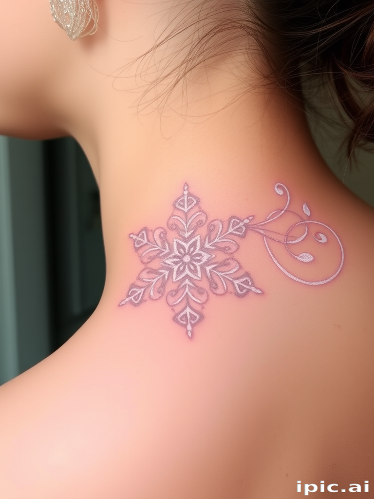 Delicate white ink tattoo titled "Frost Lace" showcasing an intricate snowflake pattern with delicate swirls and filigree details, appearing as a subtle raised design on the skin