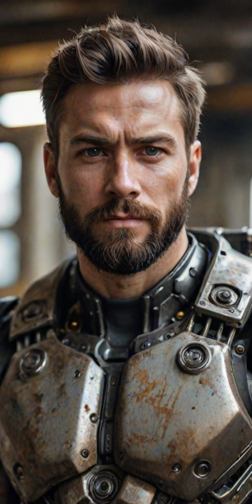 close up Portrait photo of muscular bearded guy in a worn mech suit, intricate, (steel metal , elegant, sharp focus, photo by greg rutkowski, soft lighting, vibrant colors, masterpiece, detailed face