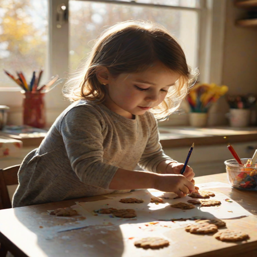 Warm, intimate image of a child drawing at a kitchen table, crayons scattered across the surface, sunlight streaming through the window, the smell of freshly baked cookies in the air, and a sense of creativity and play.