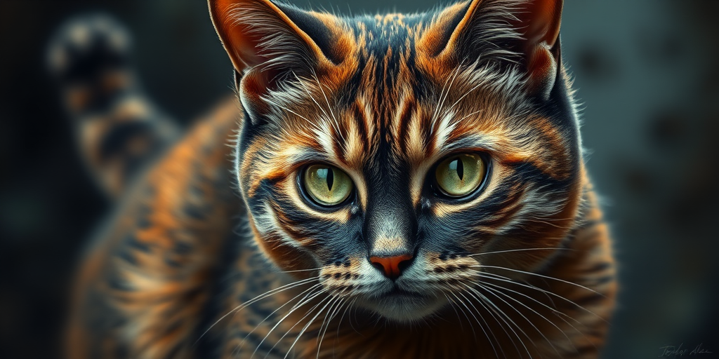 Digital art, A Scottish fold cat with piercing green eyes gazes intently at the viewer, its fur a mix of orange and black. The cat's tail twitches as it moves, detailed art, stylized by Tomasz Alen Kopera, Surrealistic painting, intricate and detailed imagery, exploration of the subconscious and dreamlike realms
