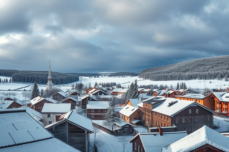 a picturesque snowy village landscape with rooftops blanketed in snow under a cloudy sky, captured with a Canon EOS R5, 24mm lens, f/8, shutter speed 1/200 sec, ISO 100, shot from a high vantage point for depth and clarity