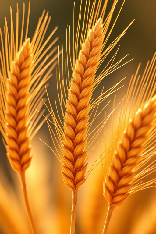 Create a high-resolution digital illustration of three golden wheat sheaves, vibrant colors, soft focus, ISO 100, f/2.8 aperture, 50mm lens, macro photography style.