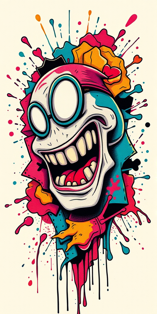 New school graffiti tattoo with bold, cartoonish characters and vibrant color splashes, incorporating elements of street art and pop surrealism for a dynamic and playful design