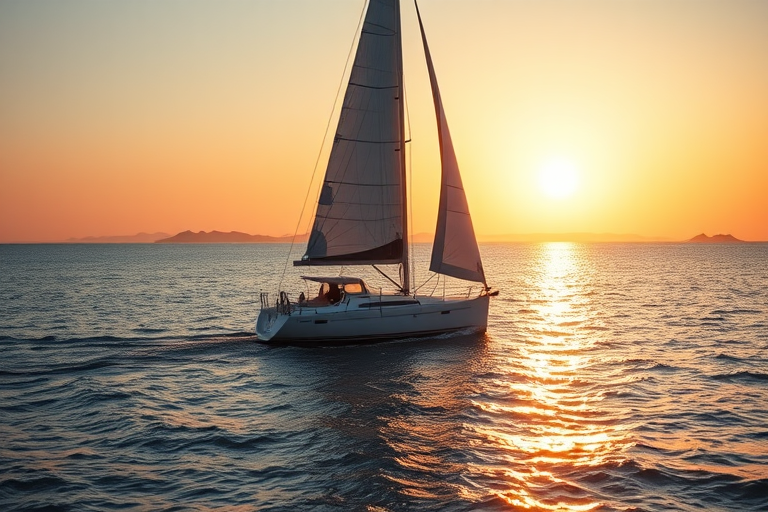 Sharp, high-resolution photo of a sailboat gliding through calm waters at sunset, the golden light reflecting off the ocean surface, distant islands barely visible on the horizon, a soft breeze filling the sails, a sense of peace and serenity captured.
