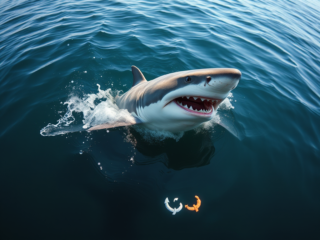 Create a high-resolution image of a great white shark breaching the water's surface, captured with a DSLR camera at 24mm focal length, f/8 aperture, ISO 200, in natural daylight, using a underwater macro lens for enhanced detail and clarity.