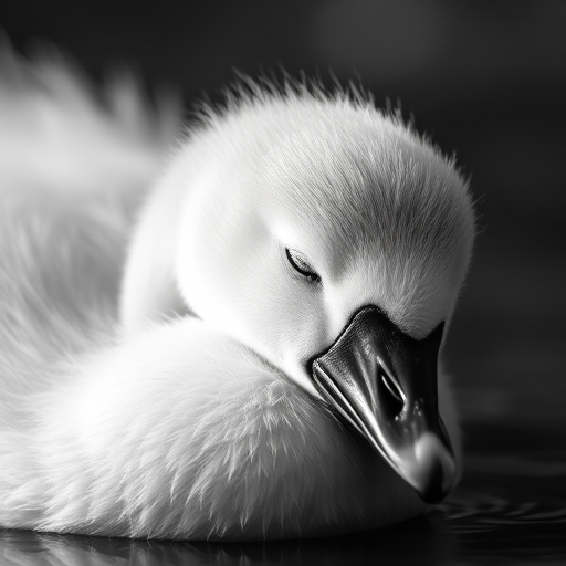 close-up of a sleeping cygnet in black and white, soft focus, shallow depth of field, ISO 100, f/2.8, 1/200 sec, macro lens, DSLR camera