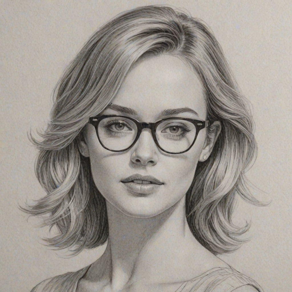 Charming Ambyr Childers, pencil sketch, portrait of Appealing woman 1959s in glasses, hair style beatnik, outline, clear lines, fine lines, 8k