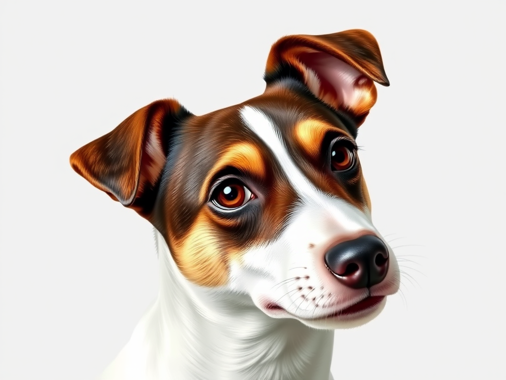 Create a realistic illustration of a Jack Russell Terrier with detailed fur texture and expressive eyes, using a 50mm lens at f/2.8, ISO 100, with natural lighting, shot in portrait orientation on a digital DSLR camera for enhanced sharpness and clarity.