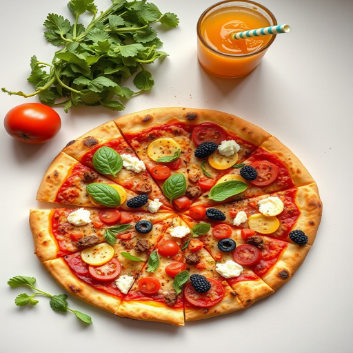 regenerate a flat lay image of a sliced pizza topped with various ingredients and a drink with a straw, use a 50mm lens, aperture f/2.8, ISO 100, soft natural lighting, shot from a 45-degree angle with a clean background for enhanced focus on the pizza and ingredients