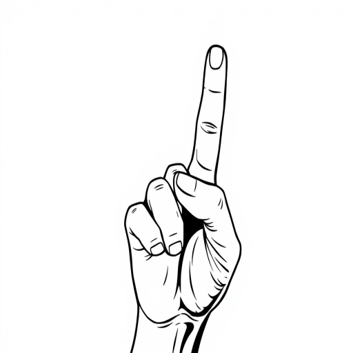 Create a stylized vector illustration of a raised hand with one finger pointing upward, high contrast black and white, suitable for graphic design, 300 DPI resolution, viewed from a front perspective, with soft lighting to enhance details, using a digital drawing tablet.