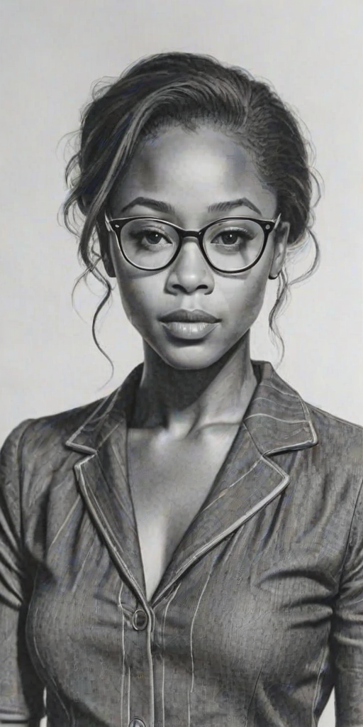Appealing Nicole Beharie, pencil sketch, portrait of Stunning woman 1939s in glasses, hair style beatnik, outline, clear lines, fine lines, 8k