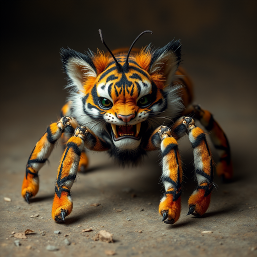 This charming yet frightening Spider Tiger features six legs, a hairy, furry body, and a cat-like tiger physique combined with an insectoid tiger head and tiger legs. The furry head further adds to the creature's unique appearance, creating a captivating blend of cuteness and fear that makes this six-legged, furry, insect-inspired tiger both adorable and scary.
