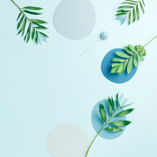 Create a high-resolution digital illustration of a light blue background featuring abstract shapes in various shades of blue and green with delicate white line drawings of tropical leaves scattered around the edges, using a Canon EOS R5 with an 85mm f/1.2 lens, aperture set to f/2.8, ISO 100, capturing a flat lay overhead view to enhance detail and color vibrancy.