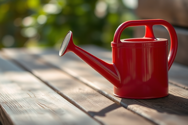 red watering can on a wooden surface, natural lighting, 50mm lens, f/2.8, ISO 100, macro view, shallow depth of field, photography style, DSLR camera