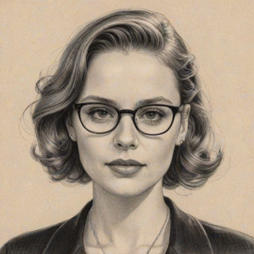 Resplendent Sarah Ramos, pencil sketch, portrait of Splendid woman 1942s in glasses, hair style beatnik, outline, clear lines, fine lines, 8k