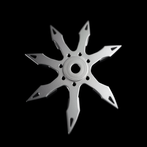 Create a highly detailed illustration of a silver shuriken with a reflective surface on a solid black background, using a Canon EOS 5D Mark IV camera, 85mm lens, aperture f/2.8, ISO 100, and a shallow depth of field for enhanced focus and clarity.