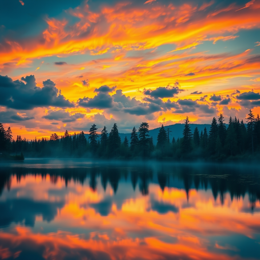 Create an impressionistic landscape of a vibrant sunset over a serene lake reflecting colorful clouds and tall trees, shot with a Canon EOS R5, 24mm lens, f/11 aperture, 1/200 sec shutter speed, ISO 100, at golden hour to enhance colors and clarity.