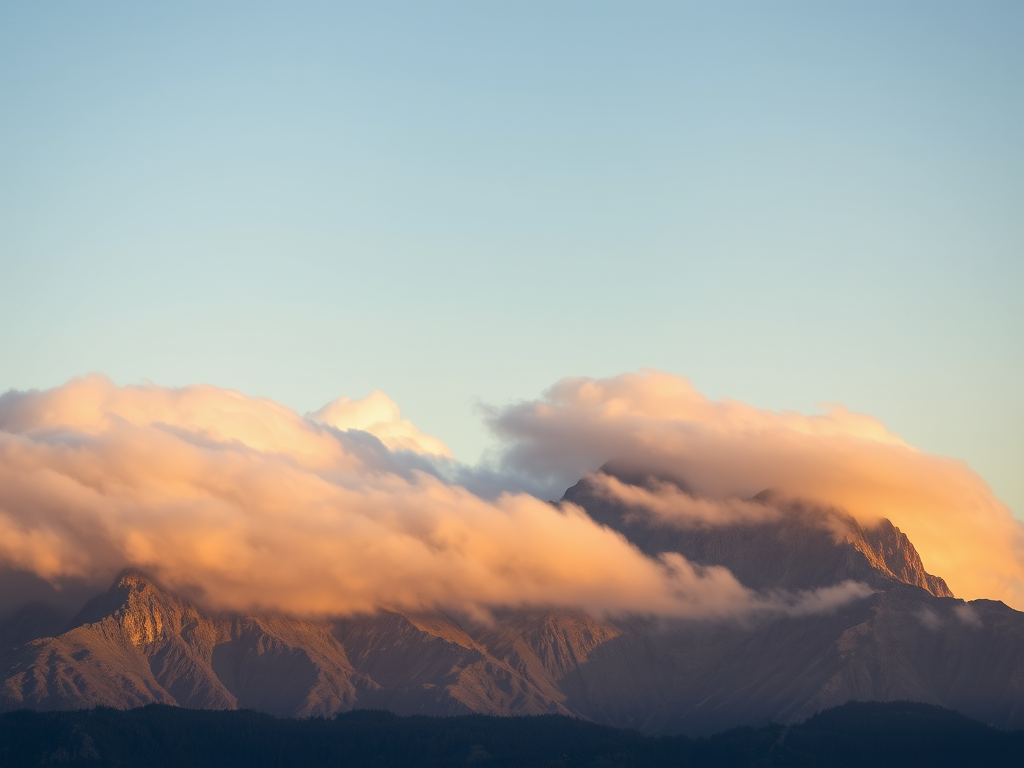 Capture a serene mountain landscape with soft, flowing clouds over the peaks during golden hour, using a Canon EOS R5 with a 24-70mm f/2.8 lens at f/8, ISO 100, and a shutter speed of 1/60 sec, in a smooth focus style with a slight long exposure effect.