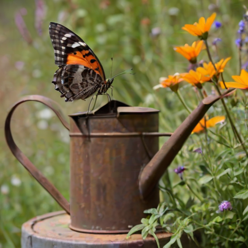 Sharp close-up of a butterfly perched on the edge of a rusty watering can, vibrant wings in stark contrast to the weathered metal, with bright wildflowers blooming in the blurred background.