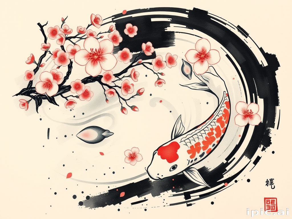 Japanese-inspired brush stroke tattoo depicting a serene koi pond with cherry blossoms, combining traditional sumi-e techniques with modern abstract elements for a unique fusion style
