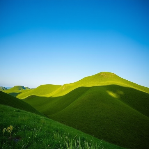 Create a high-resolution image of a serene landscape featuring lush green hills under a clear blue sky, captured with a Canon EOS R5, 35mm lens, f/8 aperture, ISO 100, using a wide-angle view in natural light.