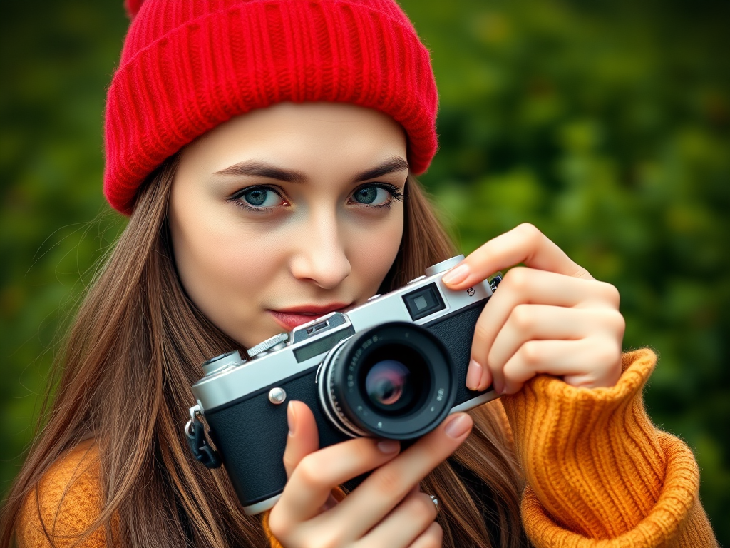 Create an image of a young woman with long hair wearing a red beanie, holding a vintage camera, in a vibrant green background, using a 50mm lens, f/1.8 aperture, ISO 200, shot from a slightly low angle, in natural light to capture sharp details and rich colors.