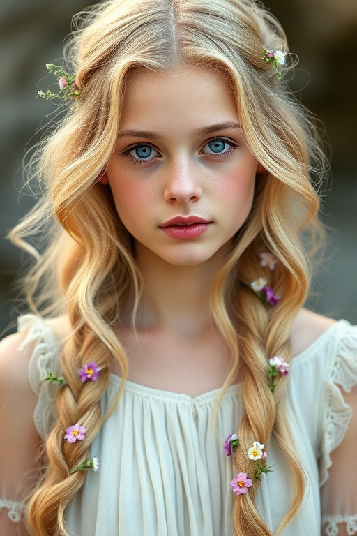 Create an image of a young woman with long, wavy blonde hair, adorned with small, colorful flowers woven into her braids and loose strands. Her complexion is fair, with soft, glowing skin, and she has light blue eyes that gaze softly at the viewer. She wears a light, flowing dress with a gentle, ethereal quality, complementing her delicate and serene appearance. The background is slightly blurred, drawing focus to her tranquil expression and the intricate details of the flowers in her hair. The overall mood of the image is one of natural beauty and grace, evoking a sense of peacefulness and connection with nature.