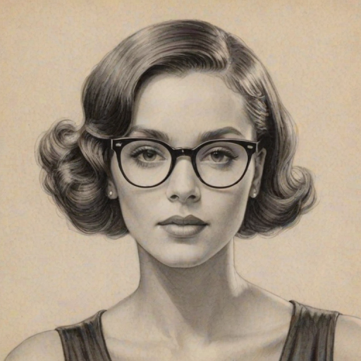 Fascinating Janelle Mon'e, pencil sketch, portrait of Charming woman 1931s in glasses, hair style beatnik, outline, clear lines, fine lines, 8k