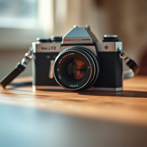 Vintage camera close-up on a wooden surface, soft natural lighting, depth of field focusing on the camera details, ISO 100, aperture f/2.8, shutter speed 1/60s, 50mm lens, DSLR camera, shallow focus photography.