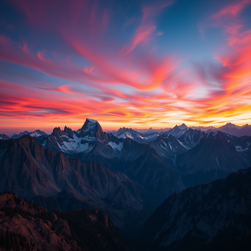 landscape of majestic mountains during sunset, vibrant colors in the sky, sharp focus on mountain textures, deep blue and purple hues, wide angle lens, f/8 aperture, ISO 100, taken with a DSLR camera