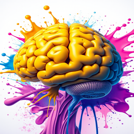Create a highly detailed illustration of a brain in vibrant yellow surrounded by colorful paint splashes in shades of blue, purple, and pink, with a soft gradient background, captured using a DSLR camera at f/2.8 aperture, 50mm lens, ISO 100, and 1/125s shutter speed, in a high-resolution studio setting for enhanced clarity.