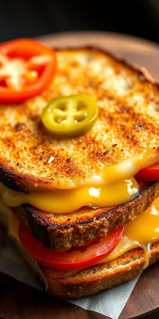 high-resolution image of a delicious grilled cheese sandwich with melting cheese, fresh tomatoes, and pickles, shot with a Canon EOS R5, 50mm lens, aperture f/2.8, soft natural lighting, overhead view, shallow depth of field, vibrant colors and textures enhanced.