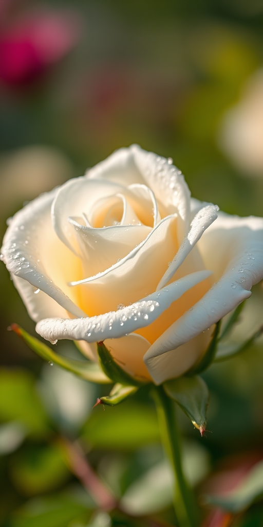close-up of a dew-covered white rose with soft focus background, 50mm lens, f/2.8, ISO 100, shutter speed 1/200s, natural light, DSLR camera