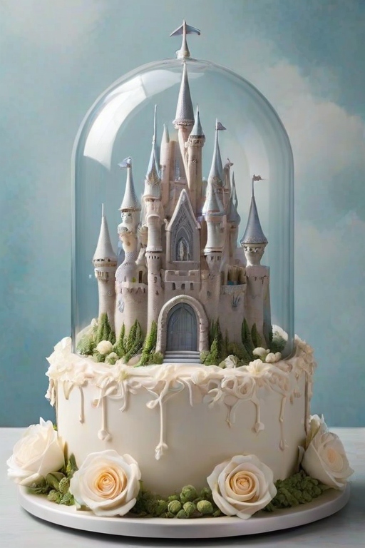 Create a whimsical cake design featuring a fairy tale castle surrounded by delicate white roses and ethereal flowers. The castle should be intricately detailed and encased in a glass dome, with a dreamy, cloud-like background. Emphasize elegance and fantasy in the overall composition.