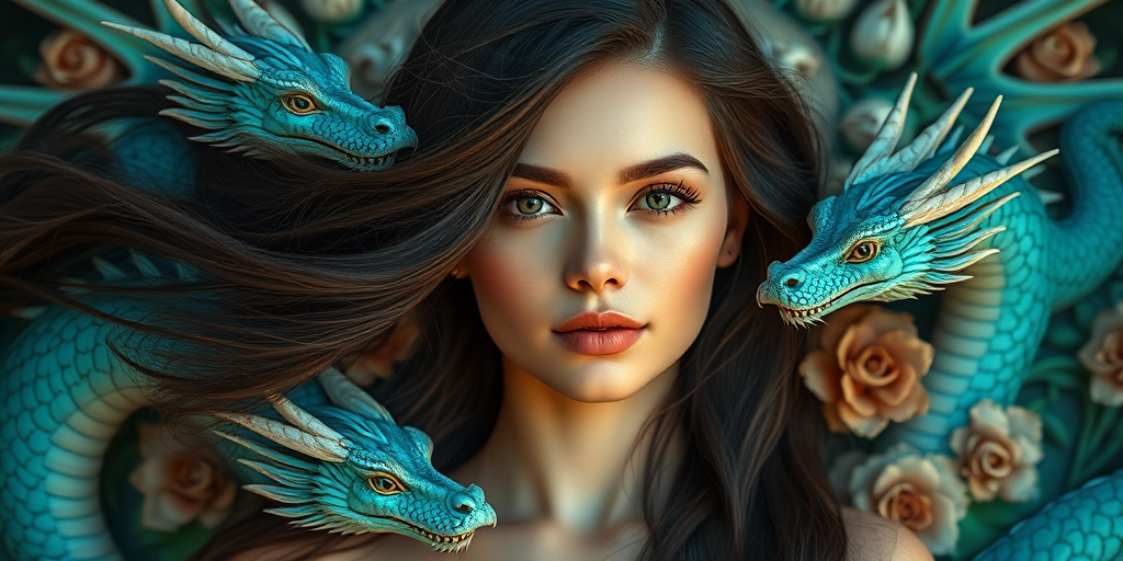 Create an ethereal portrait of a young woman with flowing dark hair and soft features, surrounded by two majestic turquoise dragons, intricate floral elements in the background, using a Canon EOS R5 camera, 50mm lens, f/1.8 aperture, natural lighting, high-contrast style.