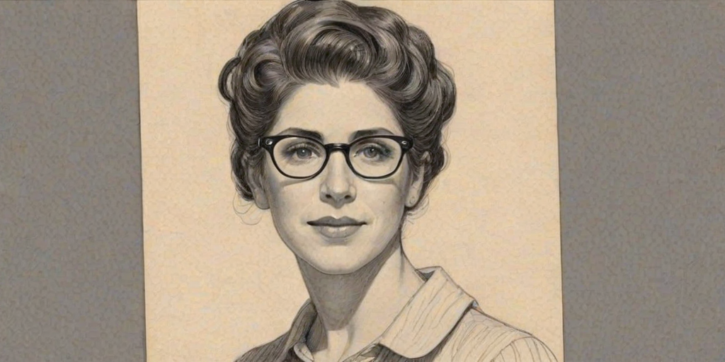 Lovely Julie Kavner, pencil sketch, portrait of Charming woman 1923s in glasses, hair style beatnik, outline, clear lines, fine lines, 8k