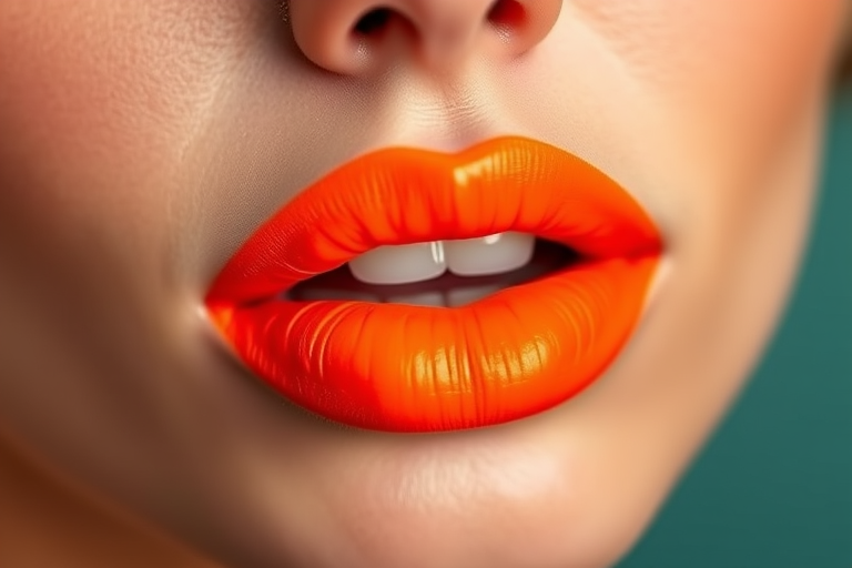 Matte neon orange lips, known as "Citrus Burst," provide a vibrant pop of color and a long-lasting formula that stays put all day