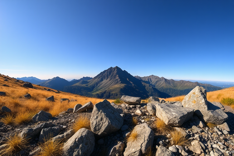 a scenic mountain landscape with rocky foreground and golden grass under a blue sky, captured with a DSLR camera at f/8 aperture, ISO 100, 1/200 sec shutter speed, using a wide-angle lens for enhanced depth and clarity