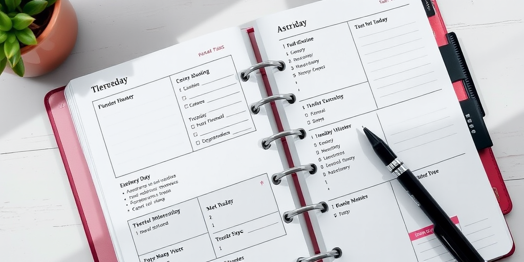 Create a highly detailed planner page layout featuring sections for daily tasks and appointments, with clean lines and organized spaces, captured using a DSLR camera at f/2.8 aperture, 50mm focal length, natural lighting, and a slight top-down view for clarity.