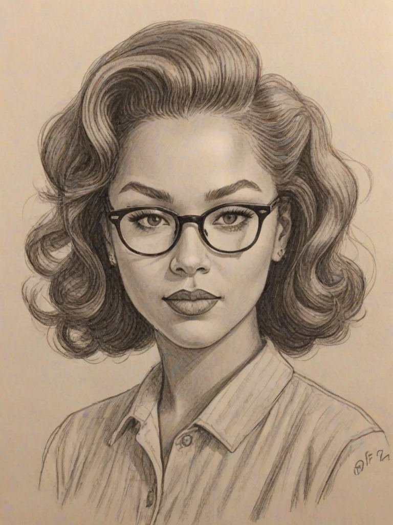 Bewitching Breonna Taylor, pencil sketch, portrait of Comely woman 1951s in glasses, hair style beatnik, outline, clear lines, fine lines, 8k