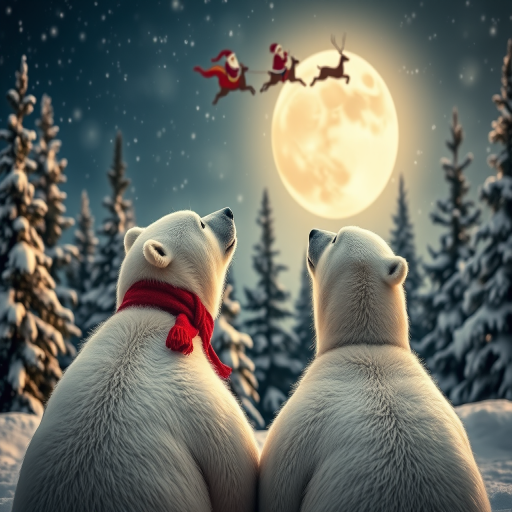 create a whimsical winter scene featuring two polar bears, one with a red scarf, gazing up at Santa Claus and his reindeer flying across a full moon amidst snowy pine trees, captured with a DSLR camera at f/2.8 aperture, 50mm lens, ISO 100, long exposure to enhance light trails and snow details, in soft focus style for a dreamy effect.