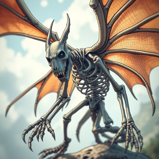 Create a highly detailed illustration of a mythical skeletal creature with wings, captured in a low-angle view with a 50mm lens at f/8 for sharp depth of field, using a high-resolution DSLR camera to enhance clarity and vividness.