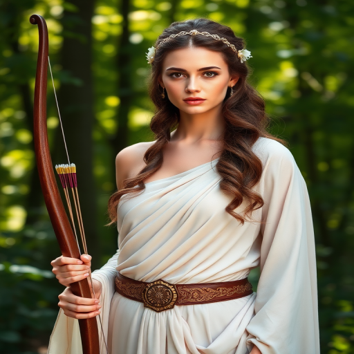 Create a portrait of a goddess-like female figure in a tranquil, forested environment. She has an elegant appearance with long, wavy hair styled in an updo and adorned with a delicate, floral headband. She wears a flowing, ancient Greek-inspired gown in a soft, pale color, featuring a one-shoulder design and draped fabric that accentuates her graceful form. The outfit includes a decorative belt with ornate gold detailing, and she holds a bow in her hand, with a quiver of arrows slung over her shoulder. The background depicts lush greenery, with sunlight filtering through the trees, casting a gentle, ethereal light on the scene. Her expression is calm and contemplative, embodying a sense of wisdom and serenity.