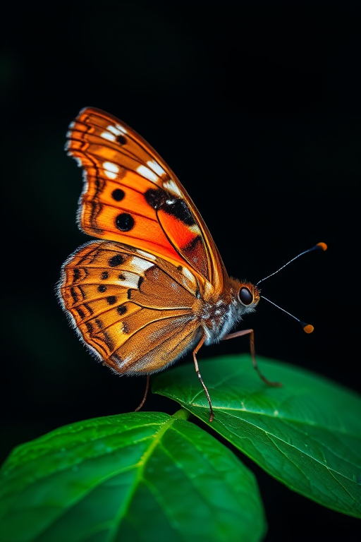 Generate an image of a butterfly perched on a green leaf with intricate patterns on its wings. The butterfly should have orange, white, and brown markings, and the background should be dark to highlight the details of the butterfly and the texture of the leaf. Ensure the focus is sharp on the butterfly, capturing its delicate features and vibrant colors.