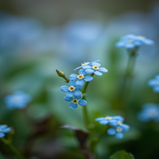 macro shot of delicate blue forget-me-not flowers with soft bokeh background, f/2.8 aperture, ISO 100, 50mm lens, natural light, DSLR camera, shallow depth of field