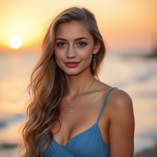 portrait of a young woman with long wavy hair wearing a blue dress and silver accessories at sunset near the ocean, soft lighting, 85mm lens, f/1.8 aperture, ISO 100, shallow depth of field, natural colors, soft focus